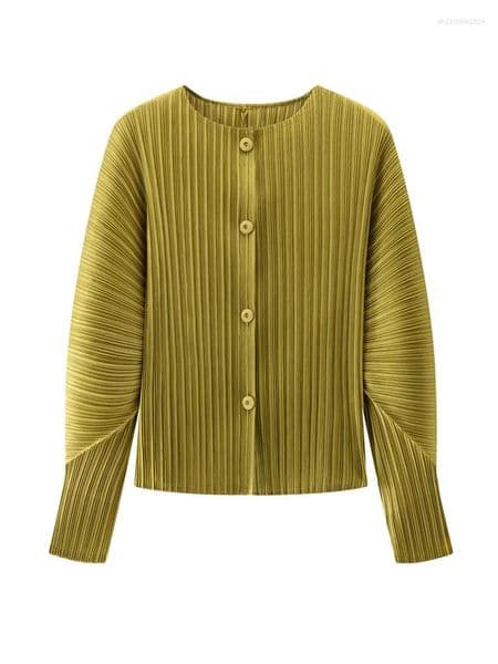 Women's T Shirts Miyake Solid Color Round Neck Cardigan Short Jacket Long Sleeved Shirt Spring Fashion Versatile Age Reducing Pleated Top