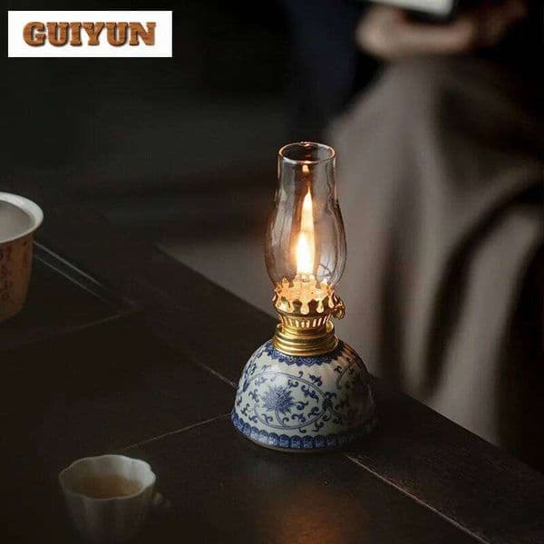 Blue And White Handmade Butter Lamp Creative Wrapped Lotus Candlestick Antique Scented Aromatic Candles Teaware Room Ornaments C260226