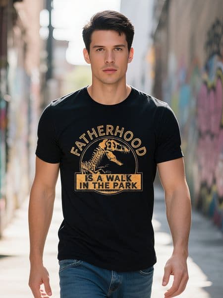 Mens Fatherhood is A Walk in The Park T Shirt Funny Fathers Day Dinosaur Movie Graphic Tee