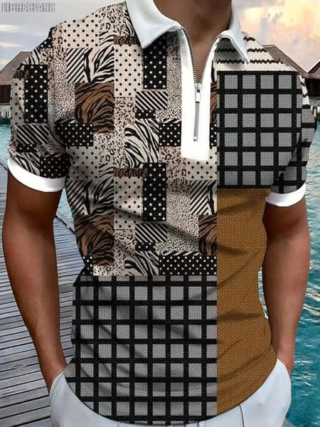 Vintage Patchwork Plaid 3D Printed Mens Zipper Polo Shirt 2023 Fashion Short Sleeve Tops Summer Streetwear 260129BANJIA