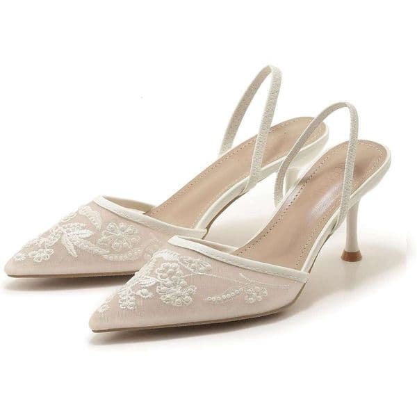Women Embroidered Mesh Slingback Heels For Women White Pearl Kitten Heel Pumps Pointed Toe Backless Wedding Shoes Colour