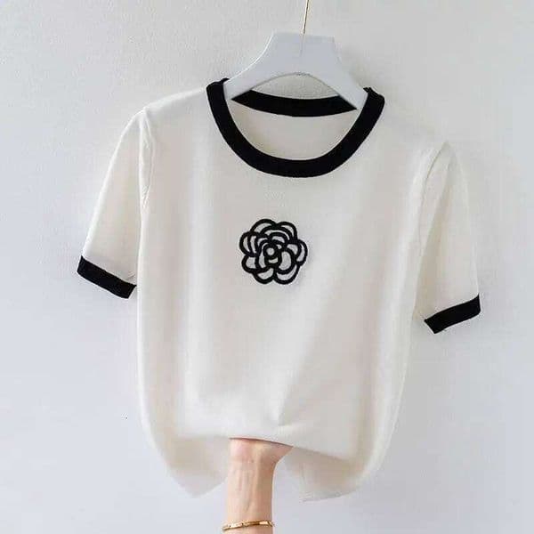 Knitted T Shirt for Women Summer Flower Embroidery Designer Clothes Slim Tops Women's Fashion Short Sleeve T-shirt H260226