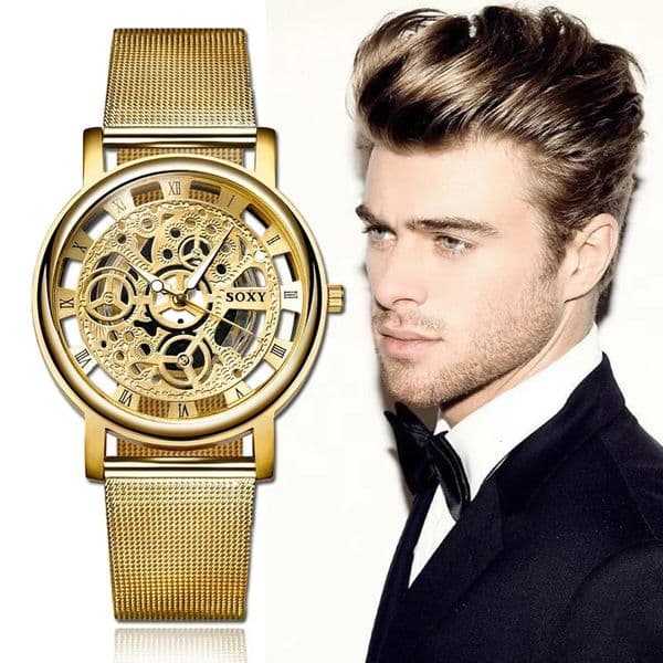 Skeleton Men Watch Women Wrist Watches Fashion Montre Homme Gold Steel Mesh Mens 260206