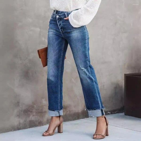 Women's Pants Women Straight Leg Stretchy Jeans Button Zipper High Waist Denim With Pockets Commuting Fashion Casual Trousers