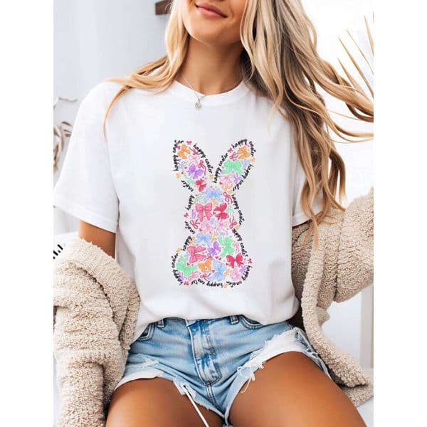 Floral Bunny Print Easter T-Shirt Women Casual Spring Outfit White Plus-Size C260226