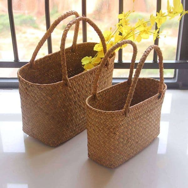 Seagrass Woven Handmade Flower Basket Boho Beach Tote Storage Organizer for Home Decor Wedding Party DIY Craft 26W0226