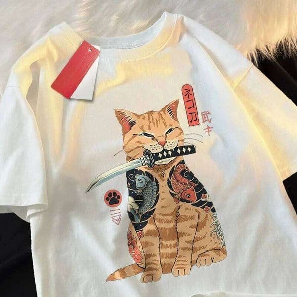 Japanese Harajuku Samurai Sword Cat T-Shirt Women Casual Tee Clothes Summer Tops Breathable Oversized T-Shirts Couple Graphic C260226