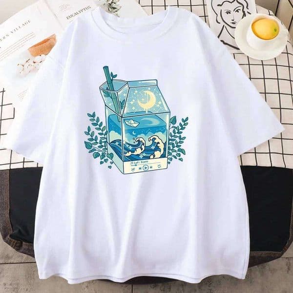 Milk Box Moonlight Waves Prints Clothing Creativity Casual Crewneck T-Shirts All-math Breathable Women Short Sleeve Y2K C260226
