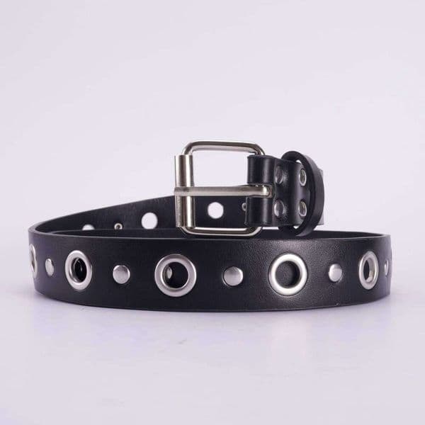 Unisex Black PU Leather Belt with Pin Buckle Eyelets - Punk Style, for Jeans & Casual Wear 26W0227