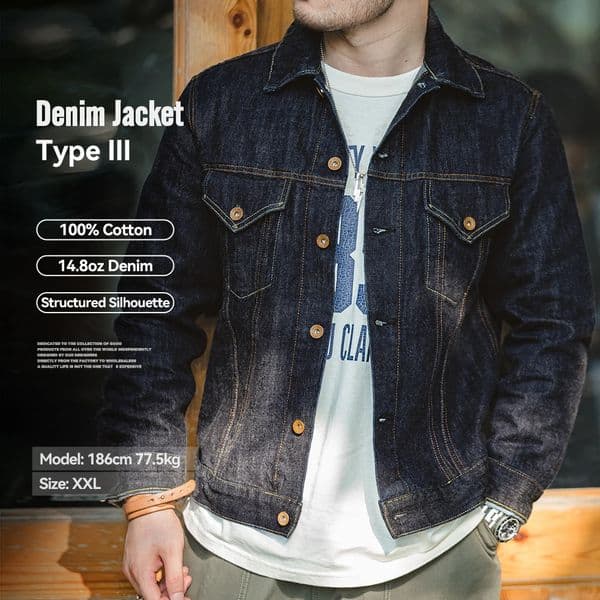 Maden Vintage 148oz Washed Denim Type III Jacket Classic Solid Slim Fit Coat Cotton for Men Spring and Autumn Tops 260205