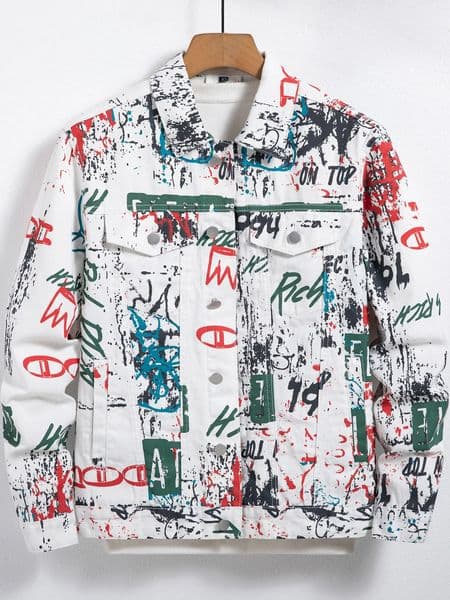 Mens springsummer graffiti print denim jacket regular size Stylish street style 260207