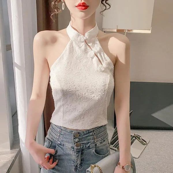 Retro Improved Cheongsam Neck Halter Vest Womens Sleeveless Short Top 260227BJ