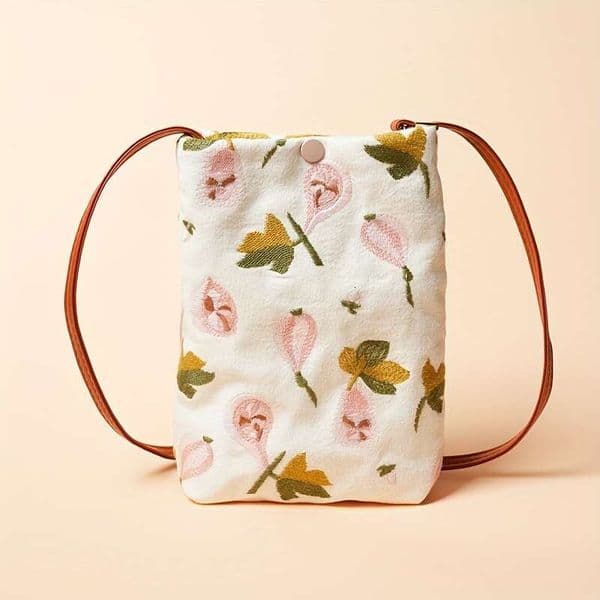 Cute Bag Cute Embroidered Animal Women S Crossbody Bag Fabric With Snap Closure Fixed Shoulder Acrylic Lining Khaki Floral Pattern For Daily Commute