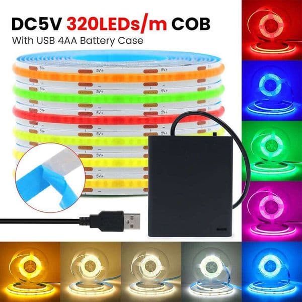 5V USB 3mm 5mm PCB COB Led Strip Light Battery Power with Switch DC 8mm White Red Yellow 320 LEDs Flexible Adhesive Tape Lamp Z260227