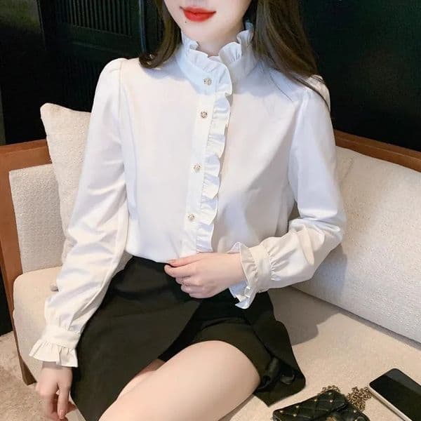 1pcs Woman Spring Autumn French Style Elegant Shirts Lady Fashion White Shirt Female Casual Long Sleeve Half High Collar Tops 260227