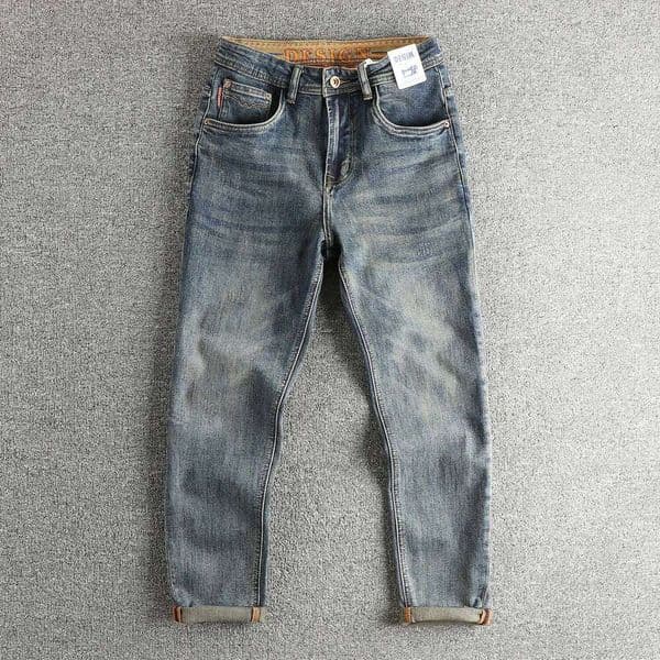 Retro blue wash-fried cat whisker jeans men's high-end custom fabric American fashion brand youth nine-point pants Z260227