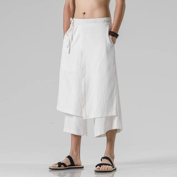 Men Casual Withe Wide Leg Pants Mens Irregular Cotton Linen Harem Pants Male Solid Vintage Skirts Trousers M-5XL 260227BJ