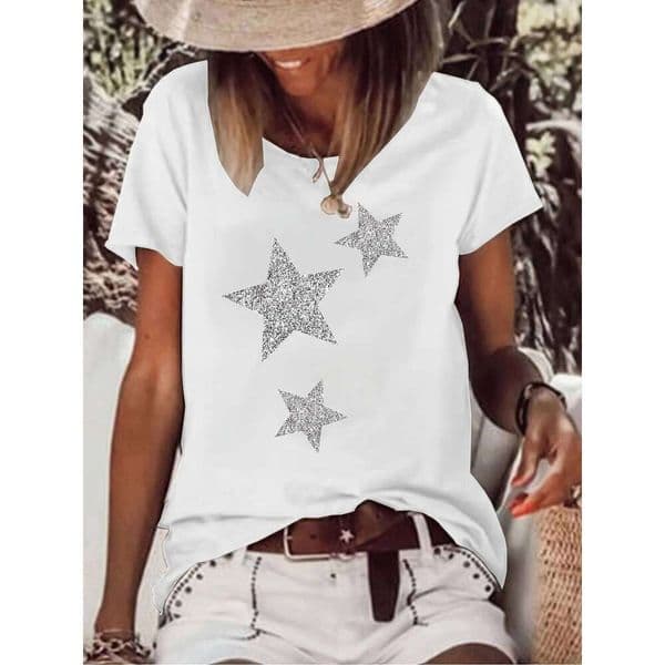 Women's Casual Round Neck Short Sleeve T-Shirt Sparkling Star Print Loose Fit Summer Fashion Showing Natural And Elegant Style