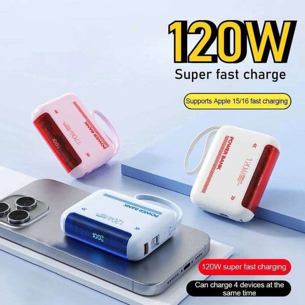 Portable Charger 120W Super Fast Charging 20000mAh Spare Battery with Built-in Cable for IPhone Powerbank H260227