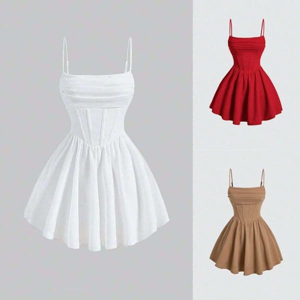Amazon cross-border European and American summer new fashion sexy dress, solid color pleated back zipper strap dress