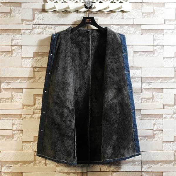 2026 Winter Men Long Style Denim Jacket Fleece Coat Man Retro Blue Trench Male Classic Thick Wool Liner Outerwear 260207