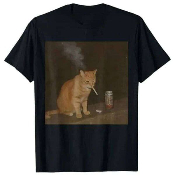 Kitty Meme Cat Smoking Cigarette and Beer Baddies Get Saddies T-Shirt Women Fashion Drinking Lover Y2k Design Graphic Outfit Tee C260227