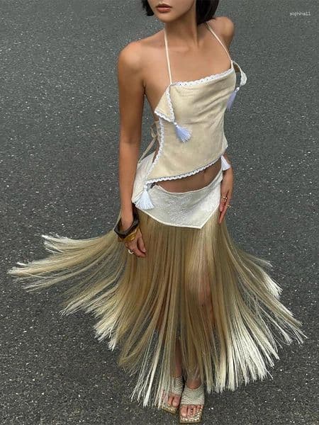 Casual Dresses Weird Puss Sexy Tassel 2 Piece Set Women Irregular Halter Backless Bandages Tank Top Patchwork Skirt Trend Party Streetwear