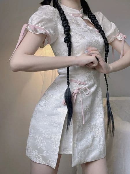 Sweet Harajuku Cheongsam Dress Women Floral Bow Bandage Lolita Dresses Y2k Sexy Aesthetic Puff Sleeve Vestidos Mujer Modernize 260227BJ