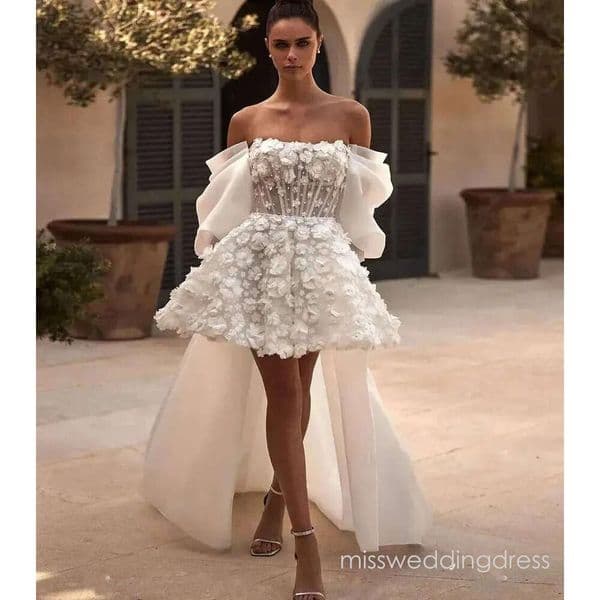 Short Wedding Dress with Detachable Train Off Shoulder 3D wers Lace Bridal Gowns for Women Bride Backless Lace-up Civil Vestiods De Noiva F26BC22252
