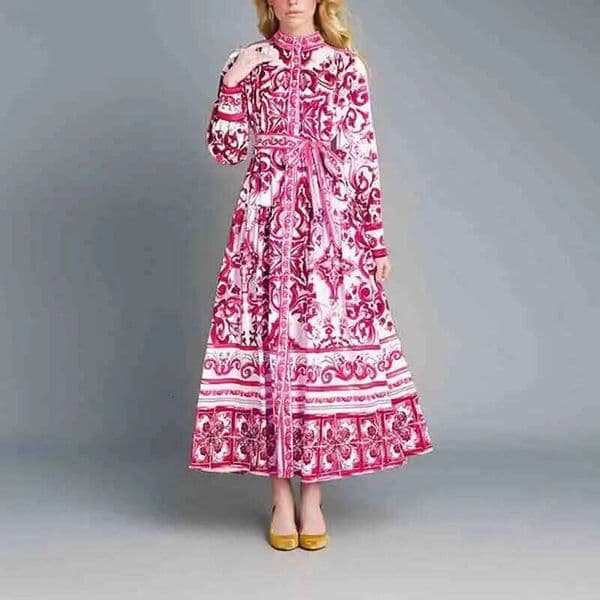 Summer Autumn Muslim Style Red Golden White Porcelain Floral Long Sleeve Maxi Dress Shirt Women Mdng260227