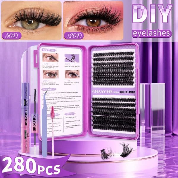 DIY Cluster Lashes kit with Lash Bond & Seal Thick Fluffy Individual Eyelashes Soft Lightweight Handmade Reusable DIY Segmented Eyelash Extensions Accessory