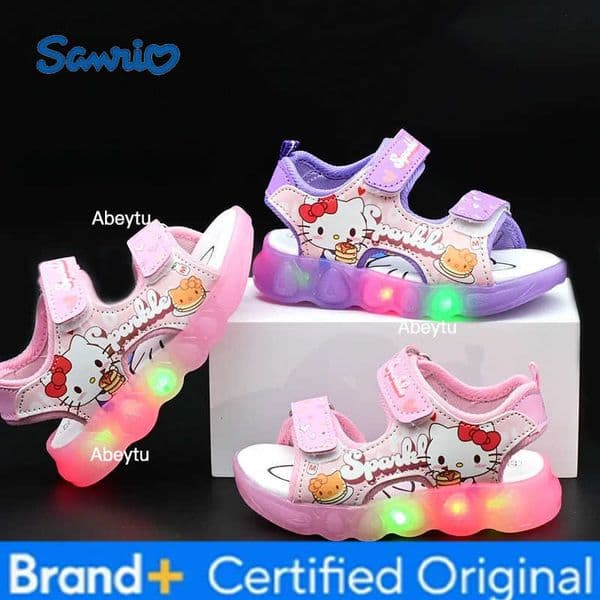 Sanrio KidsCasual Shoes Sandals Led Light Cartoon PU Leather Summer Sandals For Girls Anti-slip Breathable Pink Pruple Size 21-30 H260227