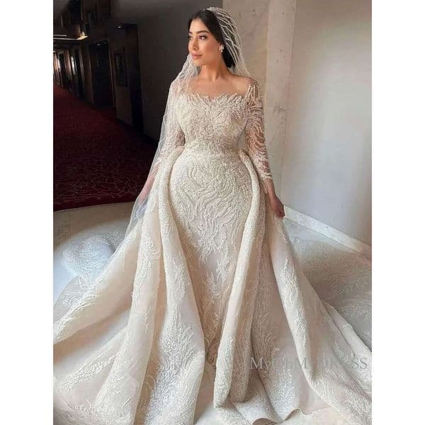 Stunning Arabic Dubai Long Sleeve Dresses With Detachable Train Beaded Mermaid Bride Wedding Gowns Sequined Lace Vestidos De Novia B0227