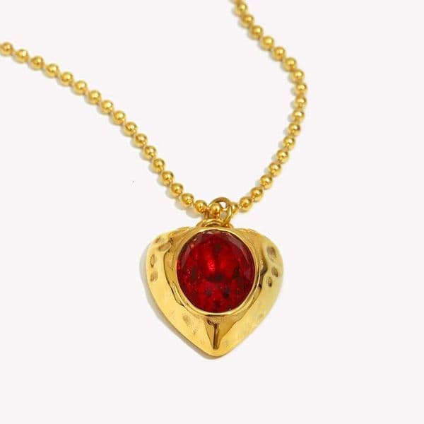 E.B.belle PVD Plated Beaded Chain Heart Shape Red Gemstone Pendant Necklace Stainless Steel Shiny Vintage Neck Jewelry Z260227