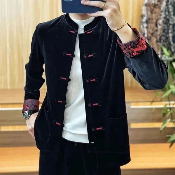 Spring and Autumn Jackets Mens Stand Up Collar Fashion Chinese Style Tang Costume Buckle Gold Velvet All-match Coats 260227CJ