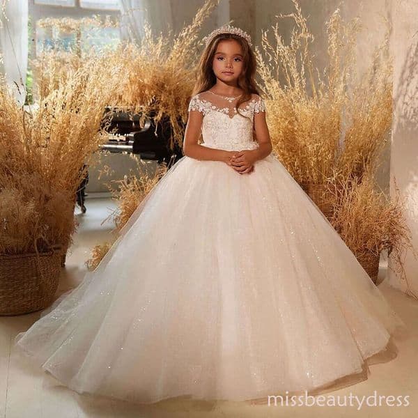 Elegant White Ivory Flower Dresses For Weddings Lace Shining Tulle Floor Length Kids Birthday Party Princess Ball Gown Girl Pageant Dress F27BC22358