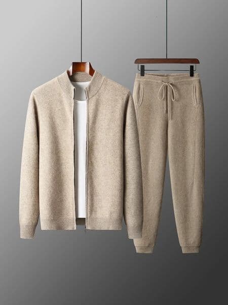 100 Merino Wool Twopiece Suit for Men Autumn Winter Knitting Zipper Cardigan and Slimfit Pants Warm Thickened Clothing Sets 260227