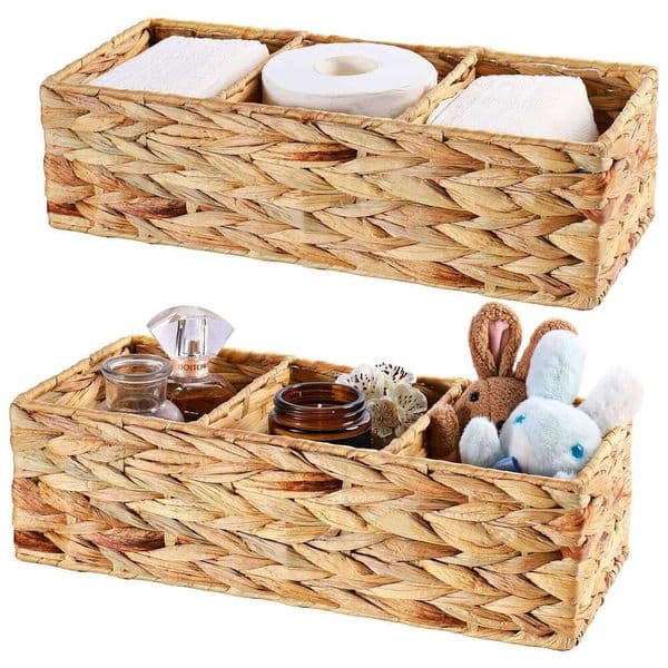 1pc 3-Section Hand-Woven Water Hyacinth Wicker Storage Basket, Paper Basket for Toilet Tank Top 26Y0228
