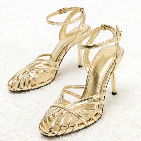 Gold Hollow Narrow Band High-Heel Sandals Women Ankle-Strap Designer Shoes Sexy Party Dress Shoes Zapatos De Mujer K260228