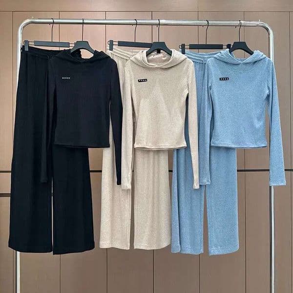 Women Knitted Tracksuit Hooded Knits Pullovers Wide Leg Trousers Elastic Waist Pants Yoga Sport Outfit H260228