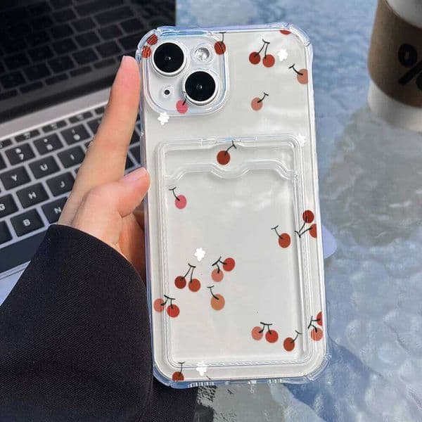 Red Cherry Clear Phone Case For Cases iPhone Pro Max 16 15 14 13 12 11 17 Air Card Slots Holder Soft TPU Back Cover 26Y0228