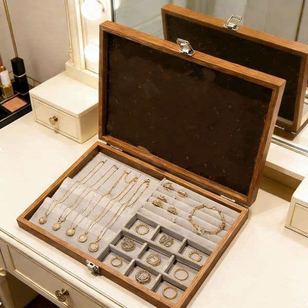 Designer Rectangular Wooden Jewelry Tray Organizer Walnut Finish Display Stand Necklaces, Earrings, Decorative Storage for Vanity, Dresser or Gift Box
