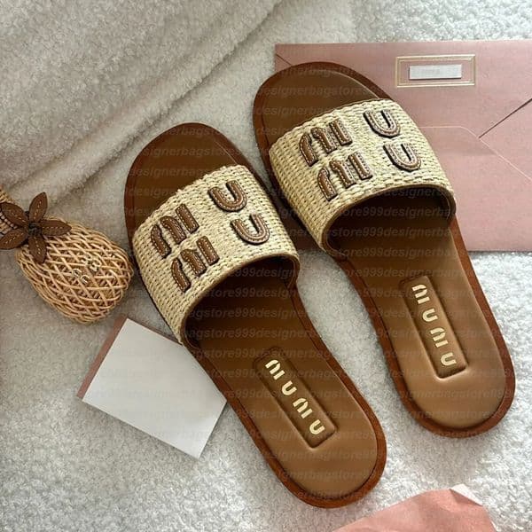 Designer Sandals Summer Beach sandal Patch Raffia Straw Crochet Matelasse Nappa Leather Slides Luxury Women Slippers Outfit Leather Flat Shoes Sandals