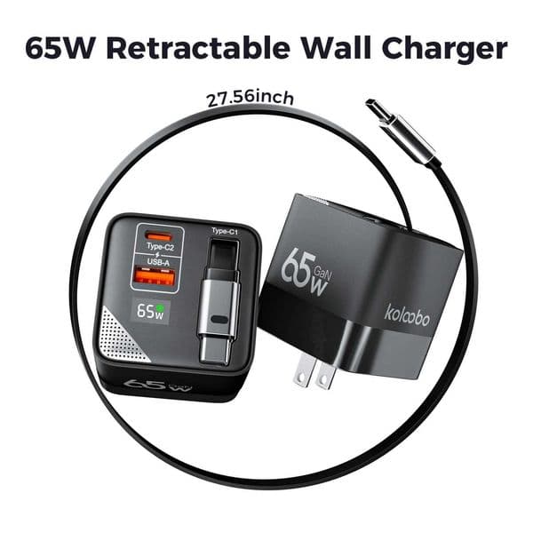 For 65W GaN Fast Charger Three-Port Charging Head Built-in 80cm Retractable TypeC Cable for iPhone16 15 14 13 Promax Samsung X260228