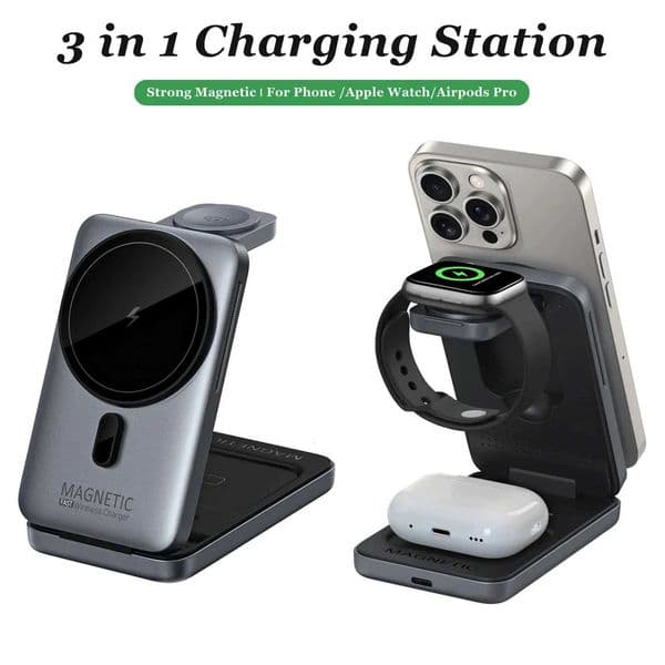 3 in 1 Desktop Magnetic Wireless Charger Stand For iPhone 17 Pro Max 1612 Watch 11 Airpods 4/3 Pro Fast Charging X260228