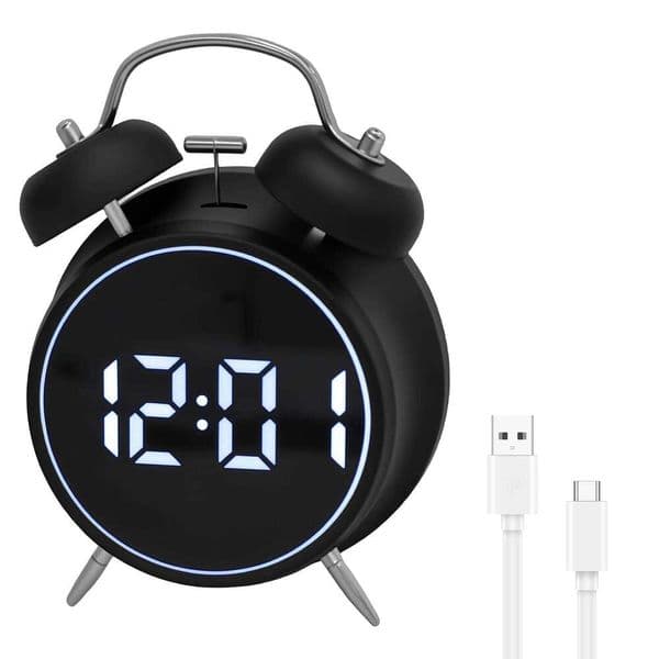 Digital Twin Bell Loud Metal Frame 3D Dial with Backlight Battery Operate Desk Table Alarm Clock For Home and Office 26W0228