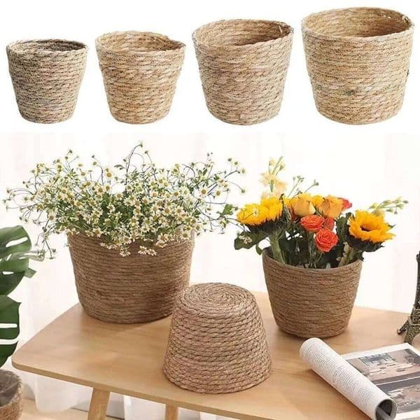 1Pcs Planter Flower Pot Basket Rattan Straw Grass Woven Flowerpot Mini/S/M/L Furniture Decoration For Garden Terraces 26Y0228