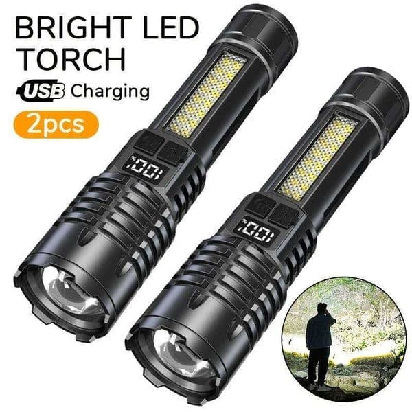 Powerful LED Flashlight Type C Rechargeable Waterproof Torch with Side Light 5 Modes Zoomable Lamp for Camping Fishing Lantern Z260228