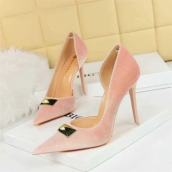 New Women Shallow MOUth Pointed Toe Wedding Shoes Designer Metal Decoration High Heels Stiletto Pink Black Prom Shoes K260228