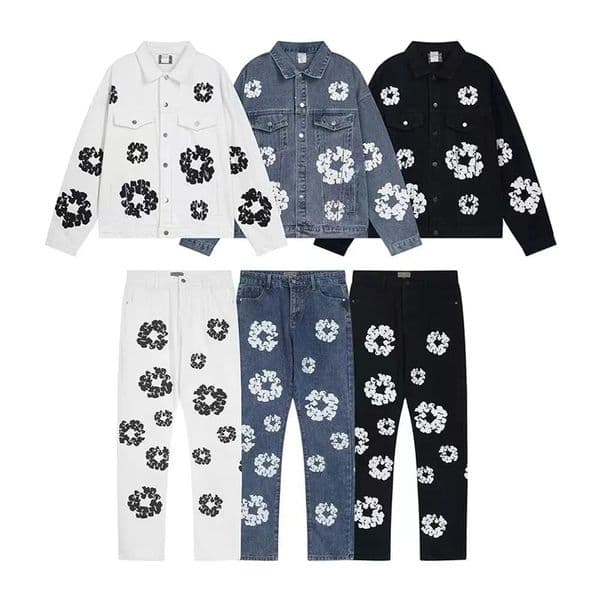 Designer tracksuit men jacket pants jeans denim coat hoodie Vintage-Inspired Men Women Hip Hop Jean Outfit Featuring Distressed Denim and Trendy Print
